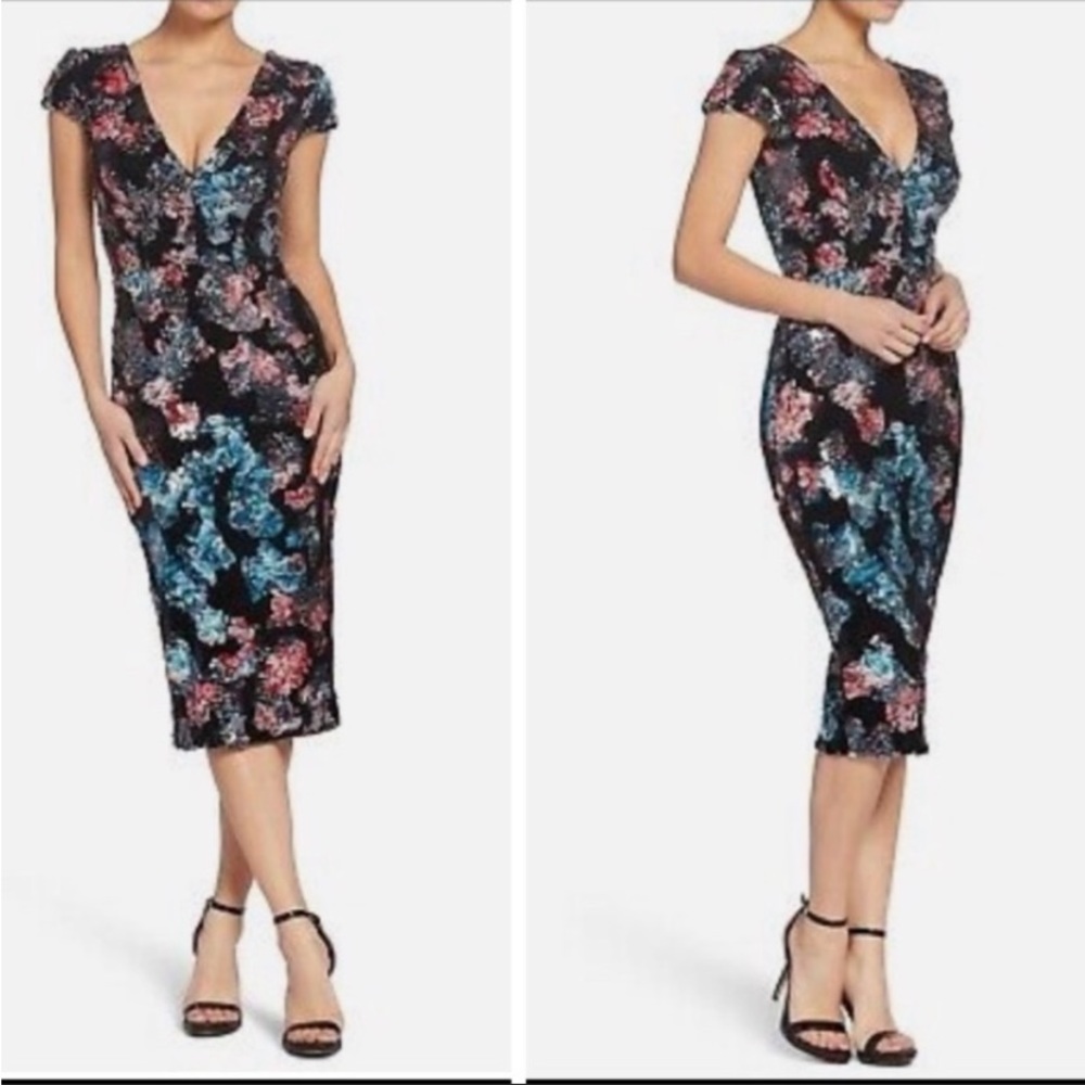 NWT DRESS THE POPULATION  Sequin Velvet Sheath Dress Black Multicolor Si…